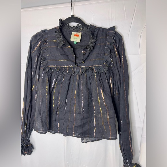 FARM RIO Metallic Stripe Ruffle Shirt In Black - Picture 2 of 8